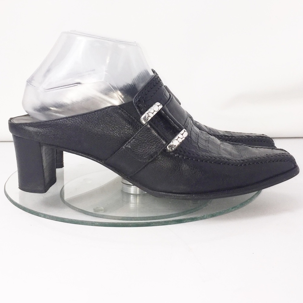 Brighton Triad Black Croc Leather Buckle Mule